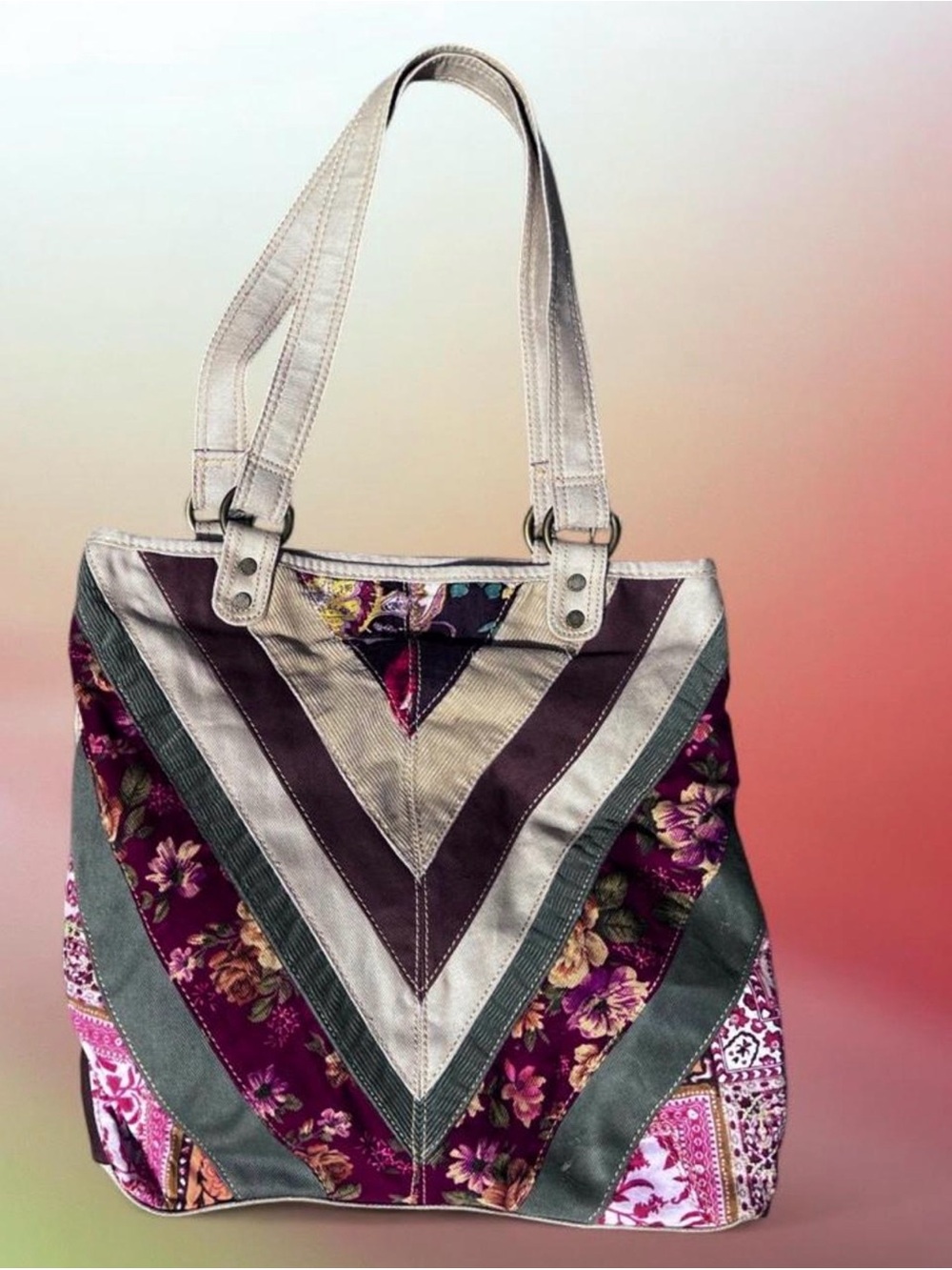 Levi's Chevron Patchwork Floral Tote - Burgundy, Pink & Cream